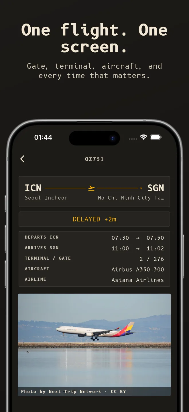 One flight. One screen. Gate, terminal, aircraft, and every time that matters. Flight OZ731 from Incheon to Ho Chi Minh City, delayed two minutes, with a photo of the aircraft.