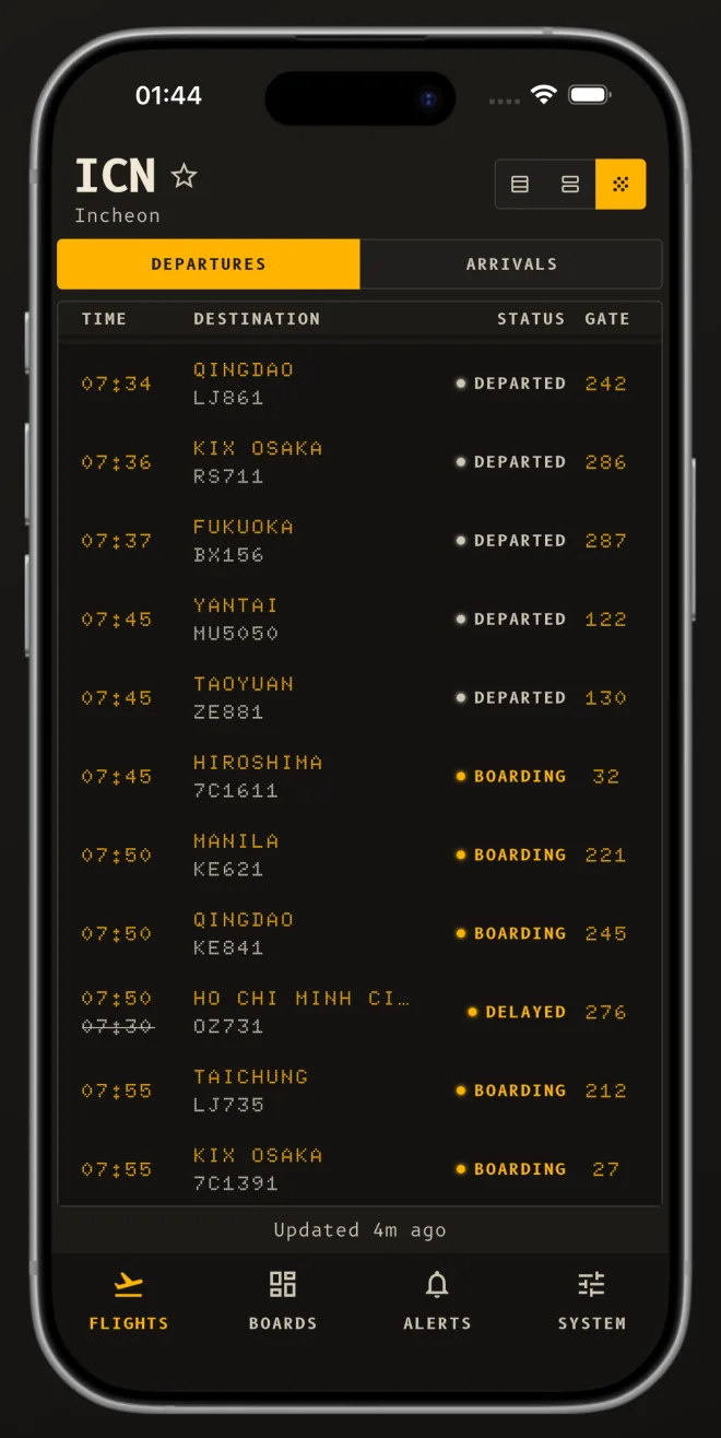 Gateboard's LED board for Incheon: each departure by time, destination, status and gate, with departures and arrivals tabs above.